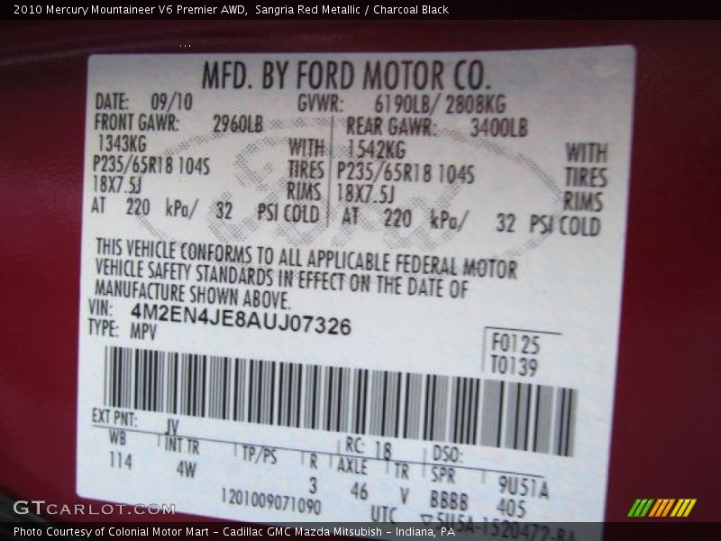 2010 Mountaineer V6 Premier AWD Sangria Red Metallic Color Code JV