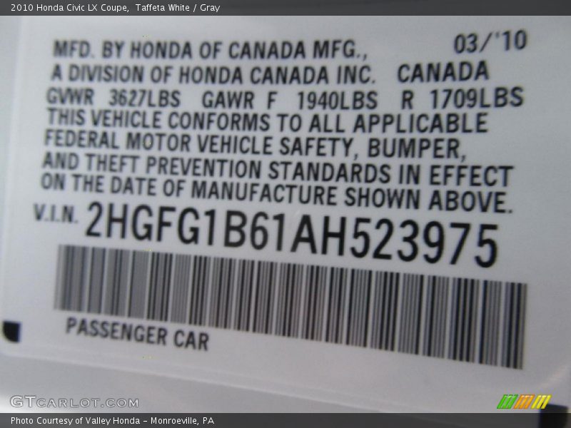Taffeta White / Gray 2010 Honda Civic LX Coupe
