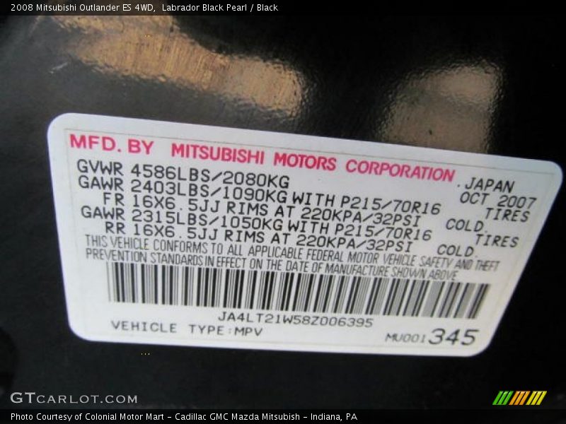 Info Tag of 2008 Outlander ES 4WD