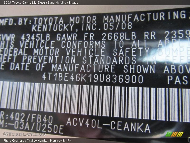 Desert Sand Metallic / Bisque 2009 Toyota Camry LE