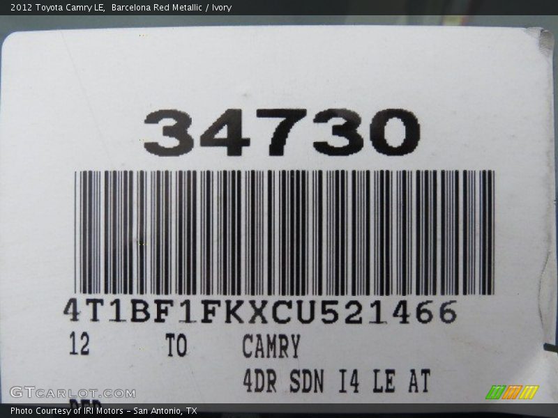 Barcelona Red Metallic / Ivory 2012 Toyota Camry LE