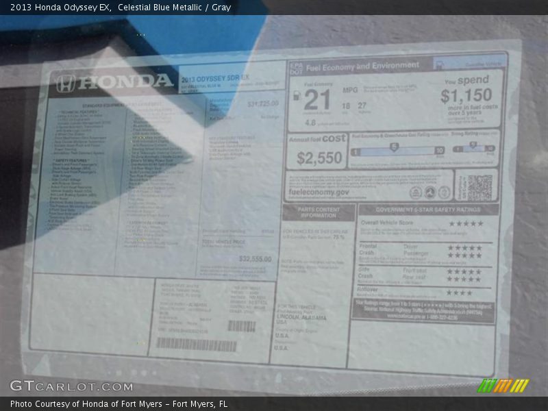 Celestial Blue Metallic / Gray 2013 Honda Odyssey EX