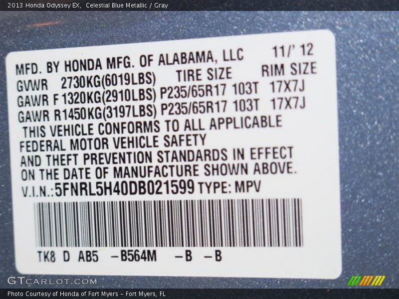 2013 Odyssey EX Celestial Blue Metallic Color Code B564M