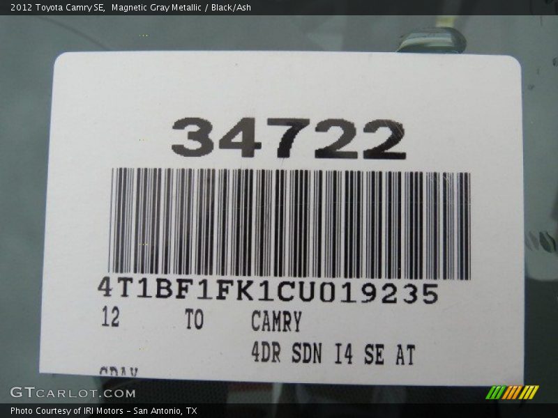 Magnetic Gray Metallic / Black/Ash 2012 Toyota Camry SE