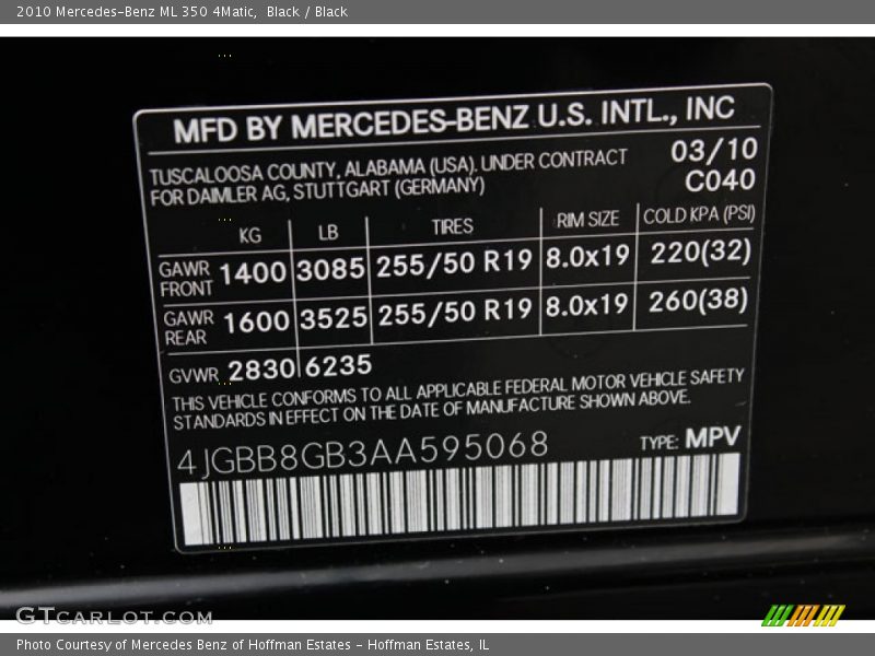 2010 ML 350 4Matic Black Color Code 040