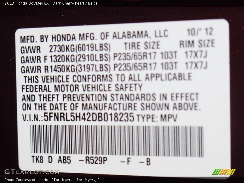 2013 Odyssey EX Dark Cherry Pearl Color Code R529P