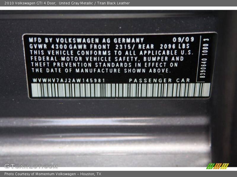 United Gray Metallic / Titan Black Leather 2010 Volkswagen GTI 4 Door