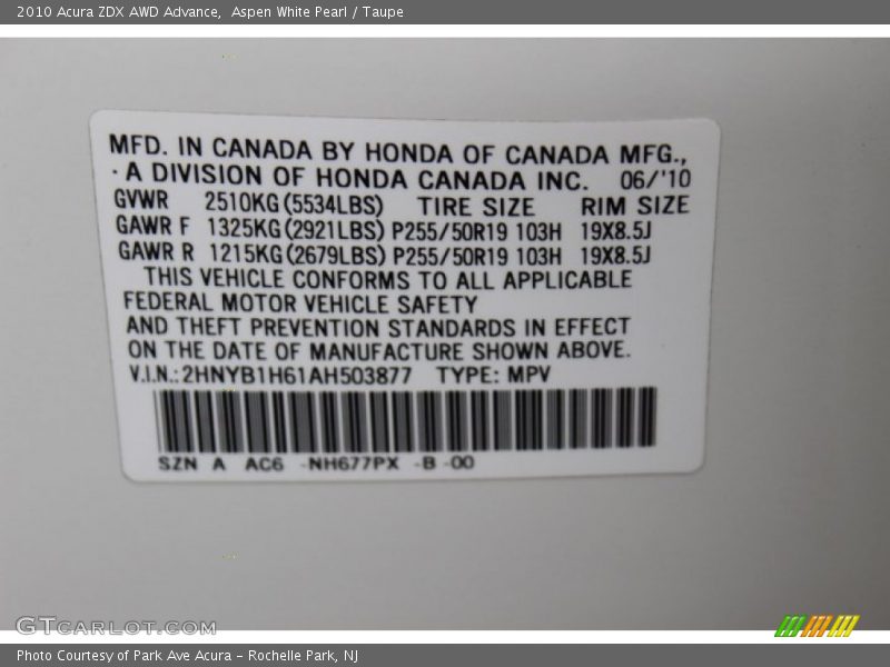 Aspen White Pearl / Taupe 2010 Acura ZDX AWD Advance