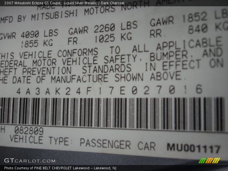 Liquid Silver Metallic / Dark Charcoal 2007 Mitsubishi Eclipse GS Coupe