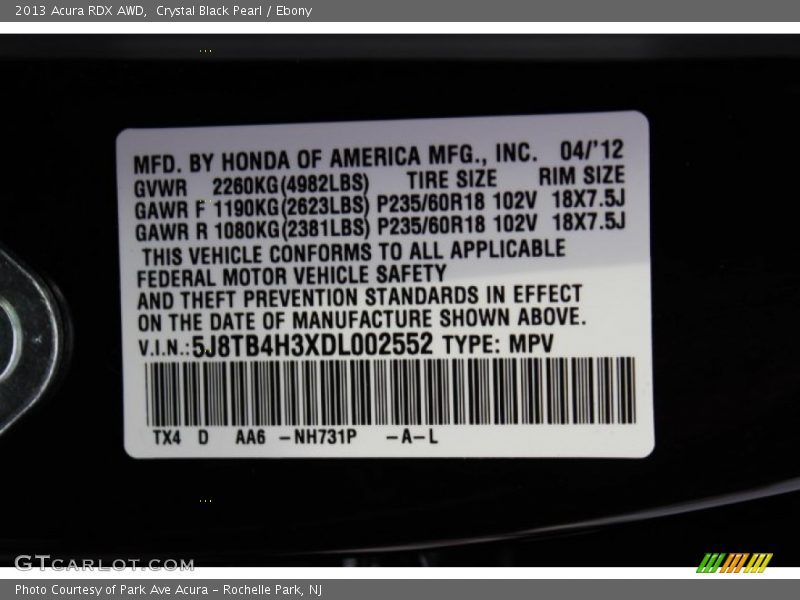2013 RDX AWD Crystal Black Pearl Color Code NH731P