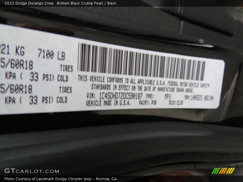2013 Durango Crew Brilliant Black Crystal Pearl Color Code PXR