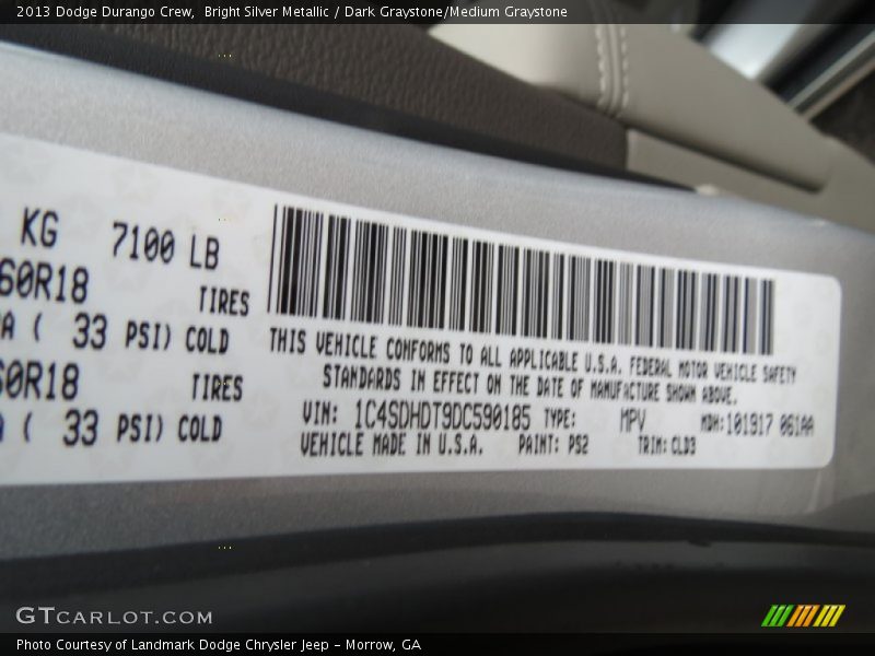 2013 Durango Crew Bright Silver Metallic Color Code PS2