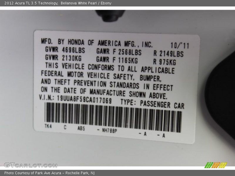 Bellanova White Pearl / Ebony 2012 Acura TL 3.5 Technology