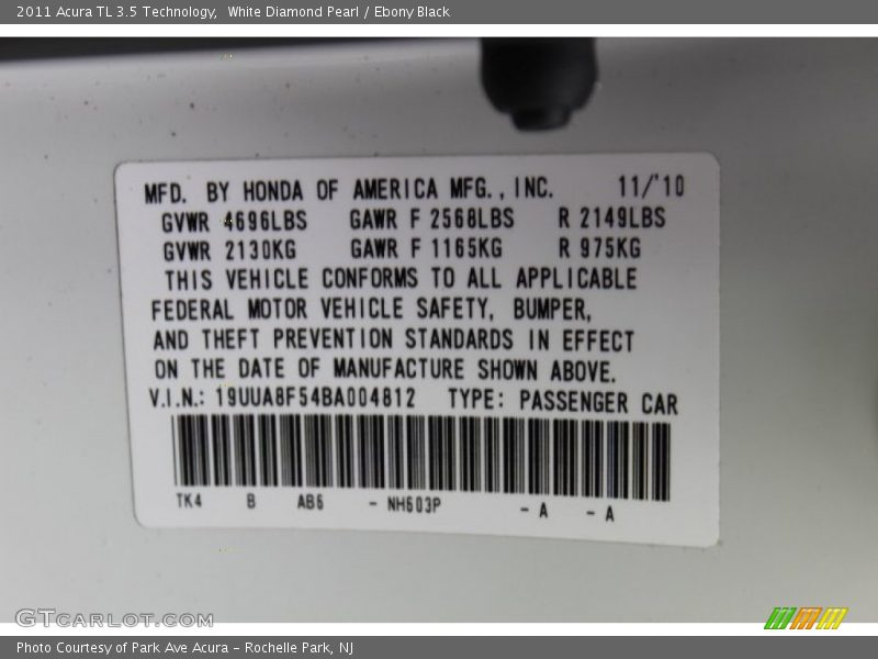 White Diamond Pearl / Ebony Black 2011 Acura TL 3.5 Technology