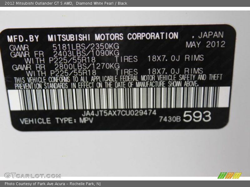 Diamond White Pearl / Black 2012 Mitsubishi Outlander GT S AWD