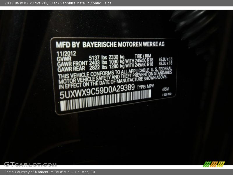 Black Sapphire Metallic / Sand Beige 2013 BMW X3 xDrive 28i