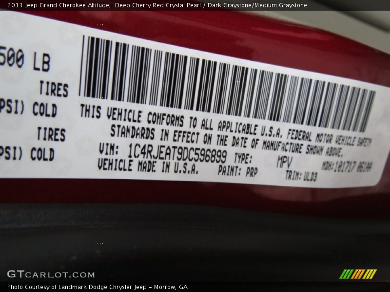 2013 Grand Cherokee Altitude Deep Cherry Red Crystal Pearl Color Code PRP