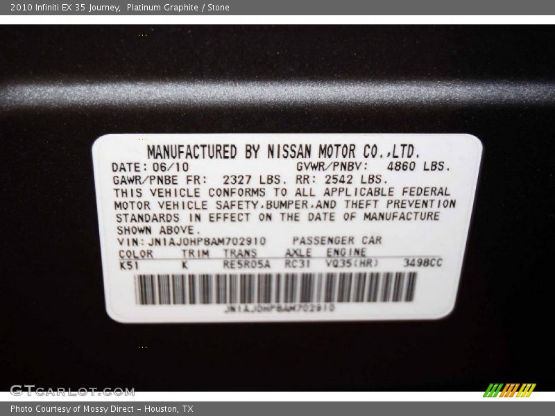 Platinum Graphite / Stone 2010 Infiniti EX 35 Journey