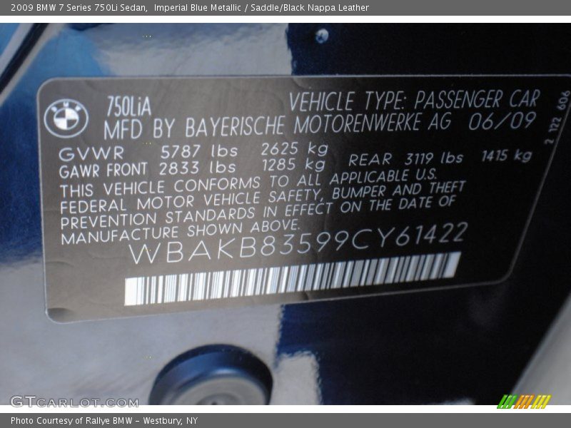 Imperial Blue Metallic / Saddle/Black Nappa Leather 2009 BMW 7 Series 750Li Sedan