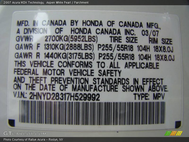 Aspen White Pearl / Parchment 2007 Acura MDX Technology