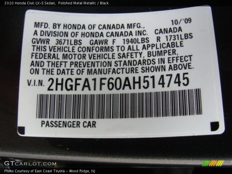 Polished Metal Metallic / Black 2010 Honda Civic LX-S Sedan