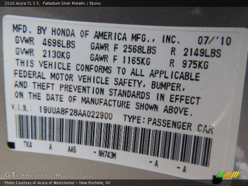 2010 TL 3.5 Palladium Silver Metallic Color Code NH743M