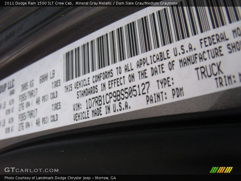 2011 Ram 1500 SLT Crew Cab Mineral Gray Metallic Color Code PDM