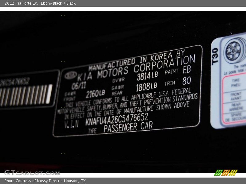 Ebony Black / Black 2012 Kia Forte EX