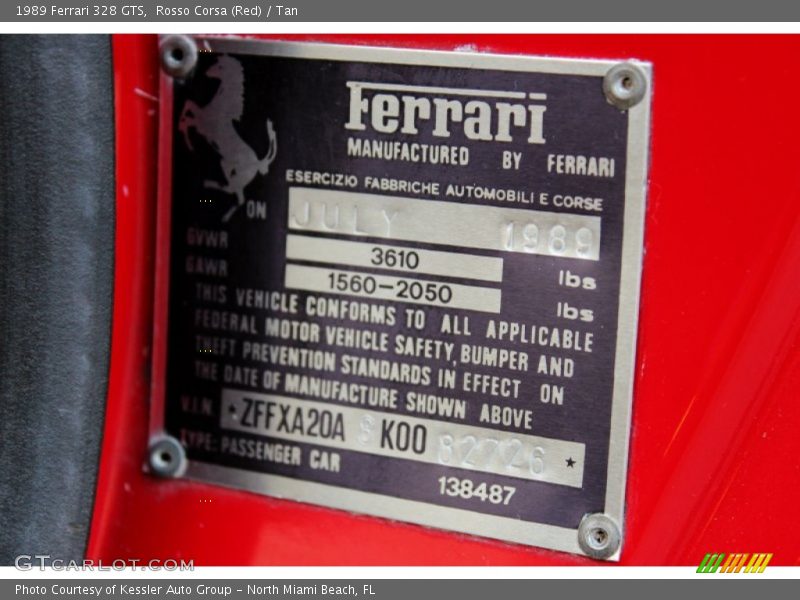 Info Tag of 1989 328 GTS