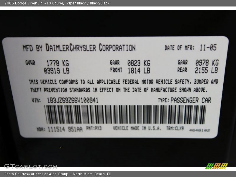 2006 Viper SRT-10 Coupe Viper Black Color Code PX3