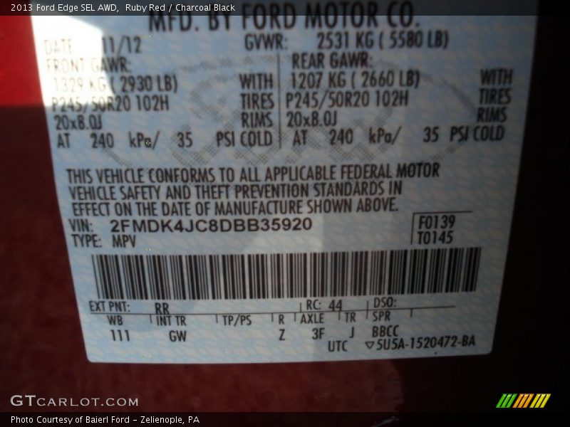 Ruby Red / Charcoal Black 2013 Ford Edge SEL AWD