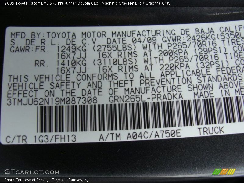 Magnetic Gray Metallic / Graphite Gray 2009 Toyota Tacoma V6 SR5 PreRunner Double Cab