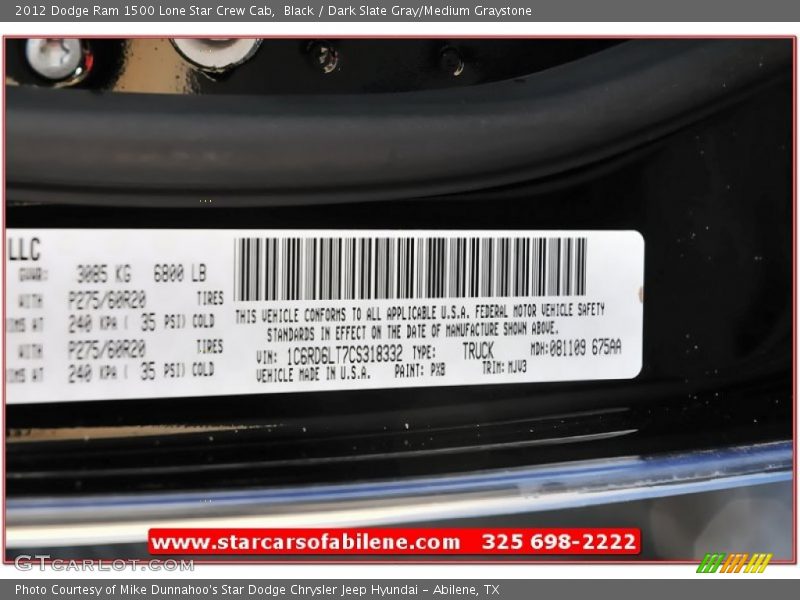 Black / Dark Slate Gray/Medium Graystone 2012 Dodge Ram 1500 Lone Star Crew Cab