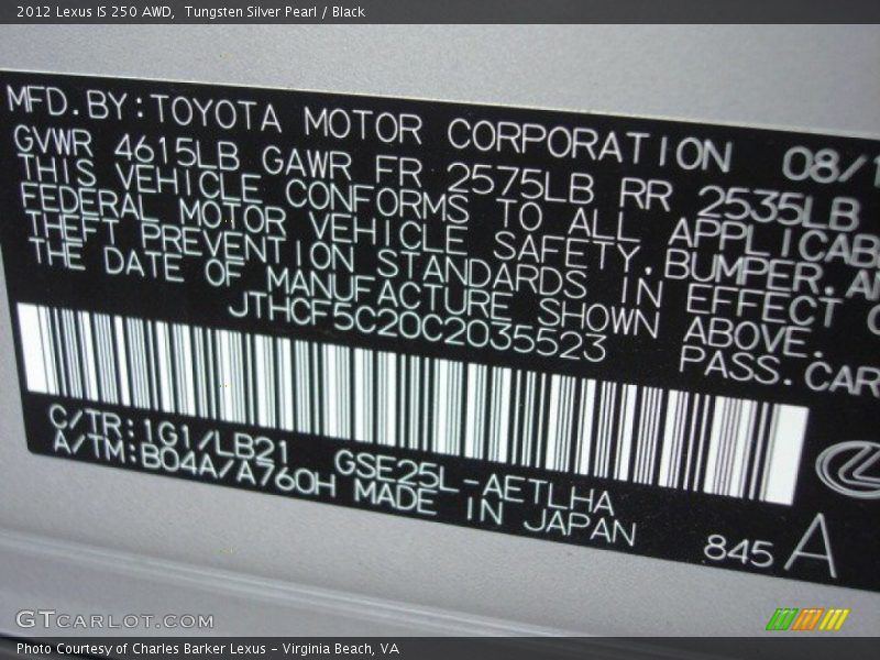 Tungsten Silver Pearl / Black 2012 Lexus IS 250 AWD