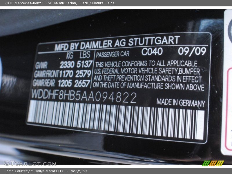 2010 E 350 4Matic Sedan Black Color Code 040