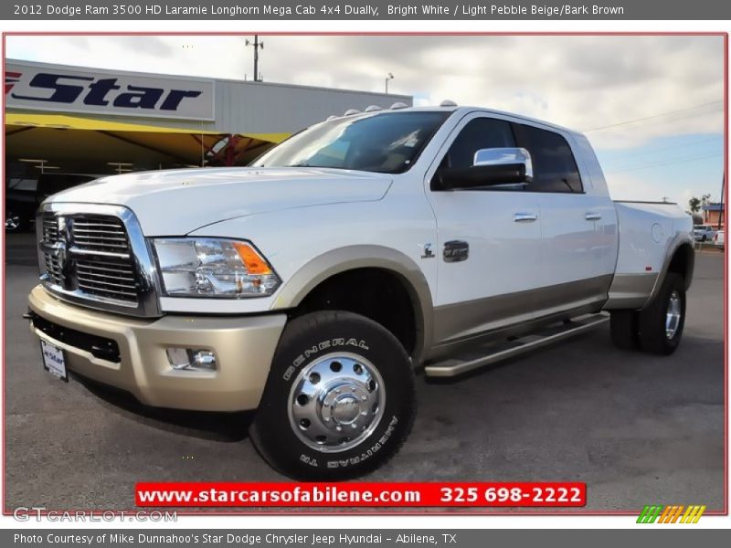 Bright White / Light Pebble Beige/Bark Brown 2012 Dodge Ram 3500 HD Laramie Longhorn Mega Cab 4x4 Dually