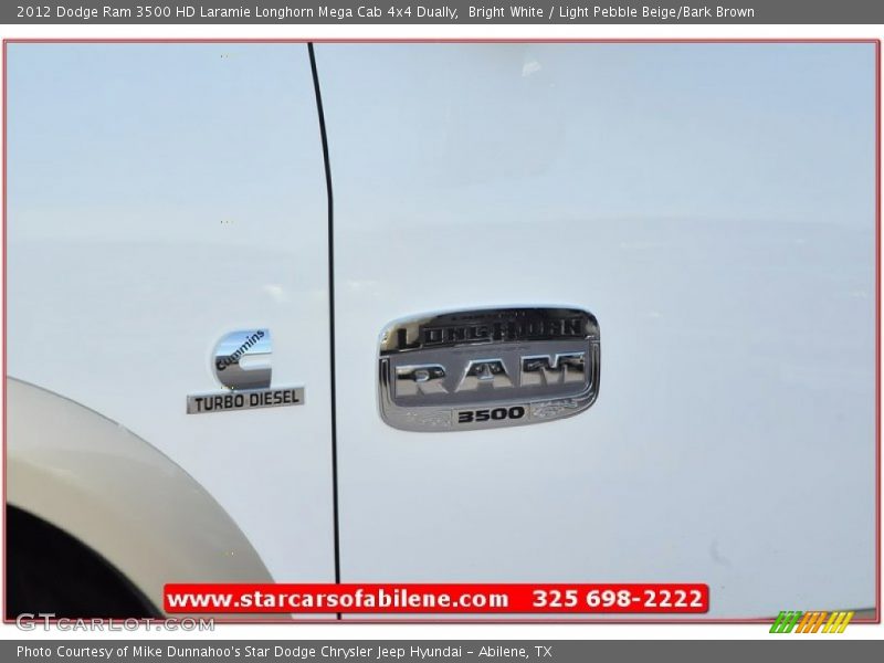 Bright White / Light Pebble Beige/Bark Brown 2012 Dodge Ram 3500 HD Laramie Longhorn Mega Cab 4x4 Dually