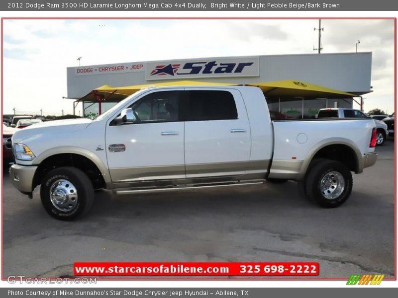 Bright White / Light Pebble Beige/Bark Brown 2012 Dodge Ram 3500 HD Laramie Longhorn Mega Cab 4x4 Dually