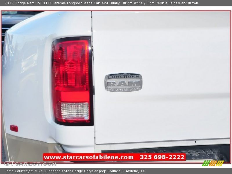 Bright White / Light Pebble Beige/Bark Brown 2012 Dodge Ram 3500 HD Laramie Longhorn Mega Cab 4x4 Dually
