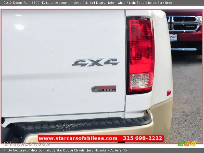 Bright White / Light Pebble Beige/Bark Brown 2012 Dodge Ram 3500 HD Laramie Longhorn Mega Cab 4x4 Dually