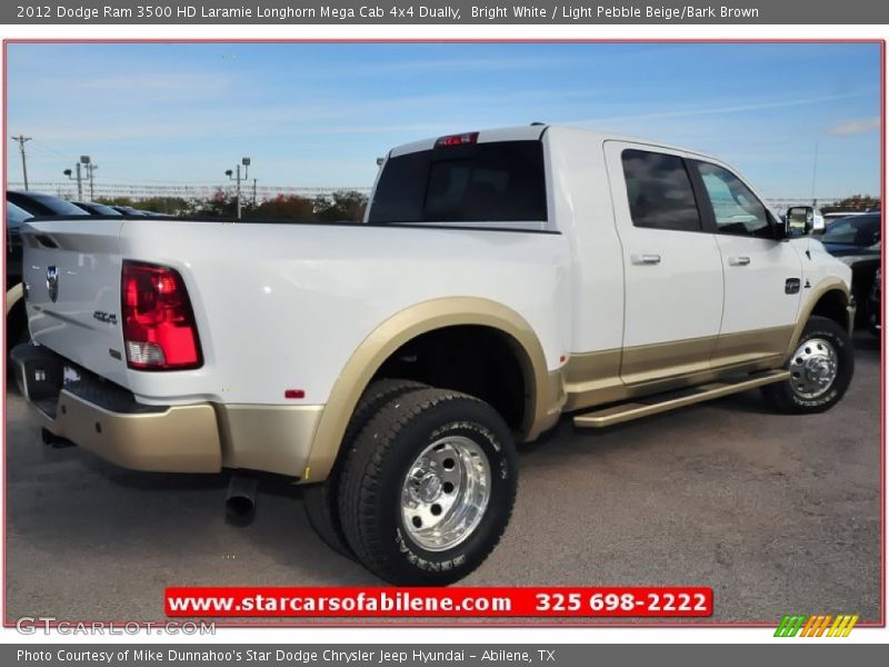 Bright White / Light Pebble Beige/Bark Brown 2012 Dodge Ram 3500 HD Laramie Longhorn Mega Cab 4x4 Dually
