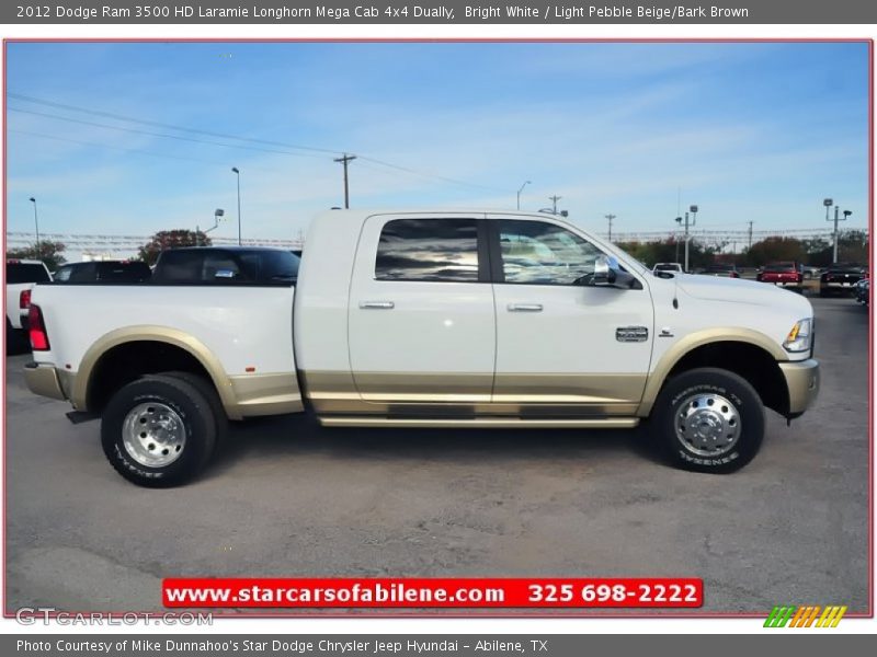 Bright White / Light Pebble Beige/Bark Brown 2012 Dodge Ram 3500 HD Laramie Longhorn Mega Cab 4x4 Dually