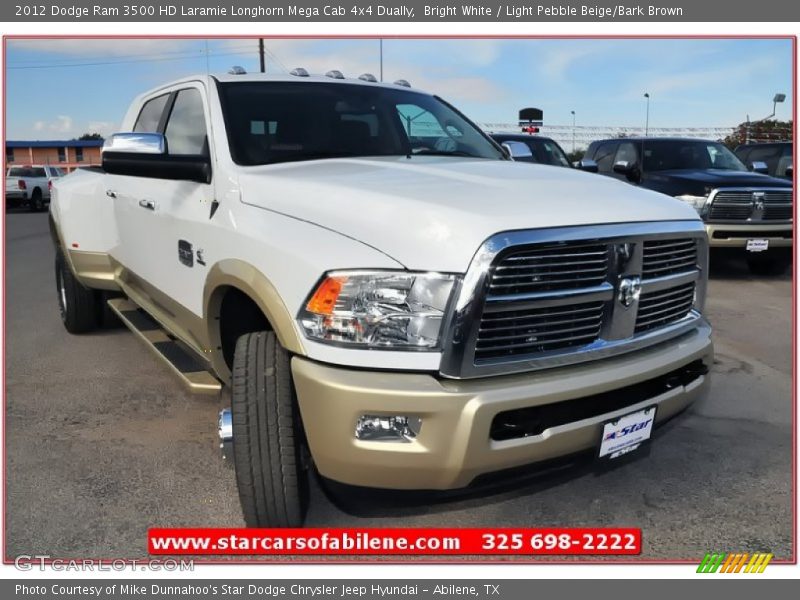 Bright White / Light Pebble Beige/Bark Brown 2012 Dodge Ram 3500 HD Laramie Longhorn Mega Cab 4x4 Dually