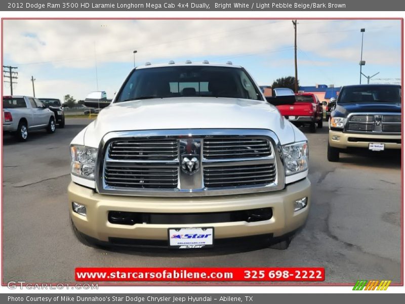 Bright White / Light Pebble Beige/Bark Brown 2012 Dodge Ram 3500 HD Laramie Longhorn Mega Cab 4x4 Dually