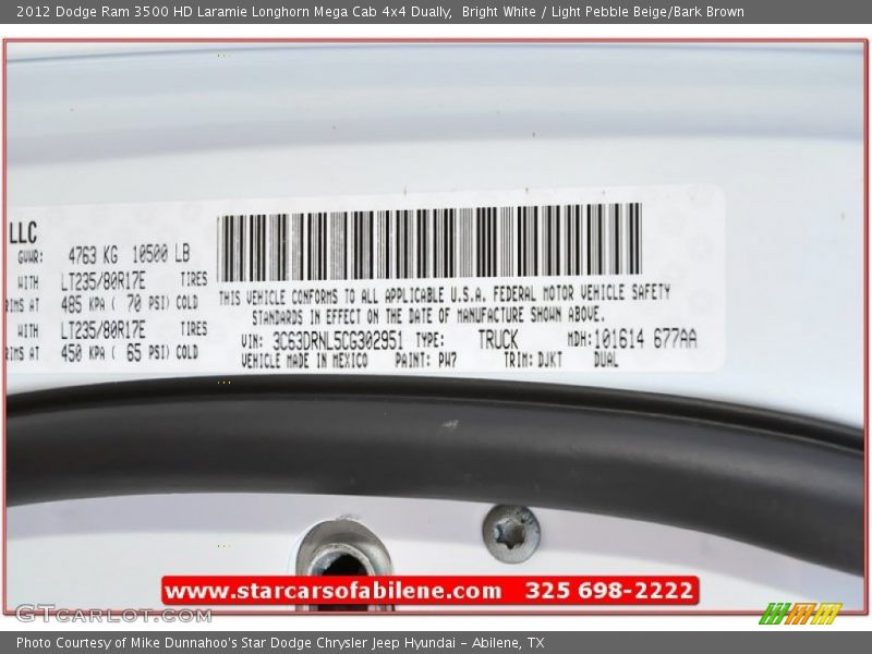 Bright White / Light Pebble Beige/Bark Brown 2012 Dodge Ram 3500 HD Laramie Longhorn Mega Cab 4x4 Dually