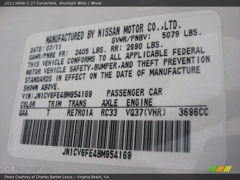 2011 G 37 Convertible Moonlight White Color Code QAA