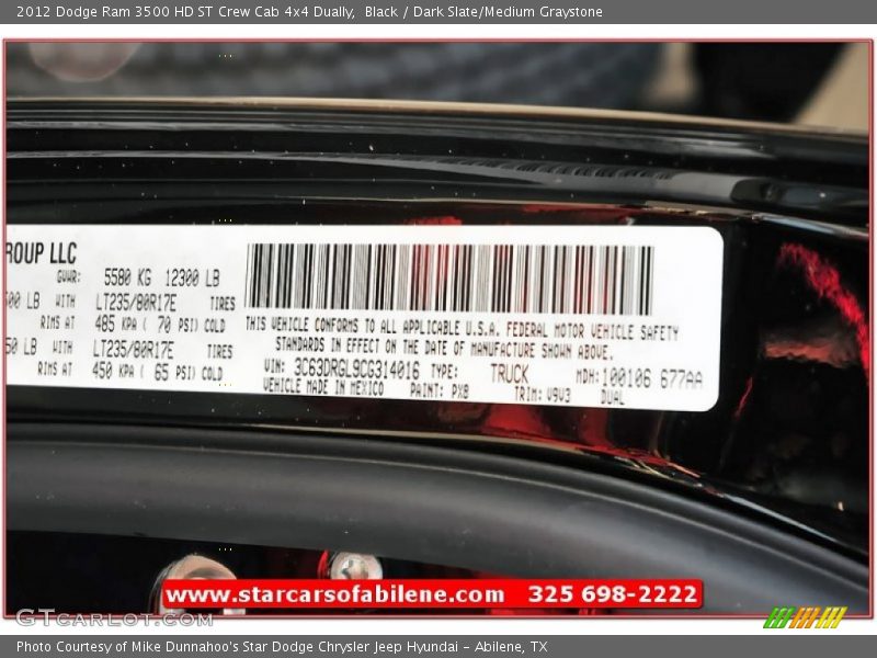 Black / Dark Slate/Medium Graystone 2012 Dodge Ram 3500 HD ST Crew Cab 4x4 Dually