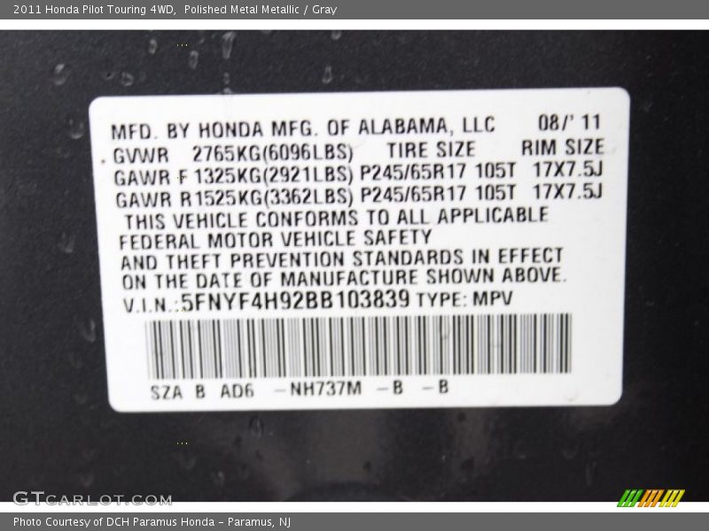 Polished Metal Metallic / Gray 2011 Honda Pilot Touring 4WD