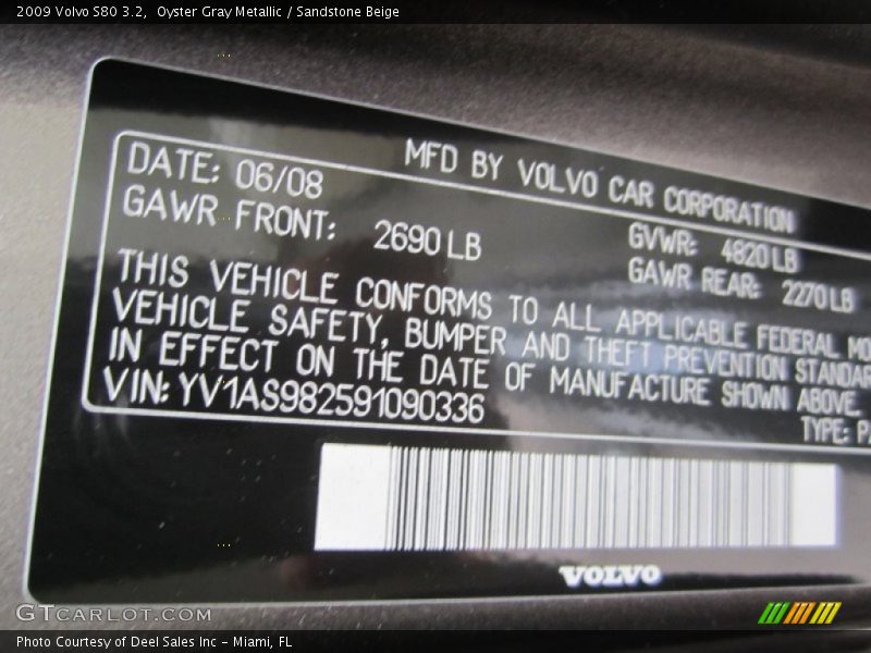 Oyster Gray Metallic / Sandstone Beige 2009 Volvo S80 3.2