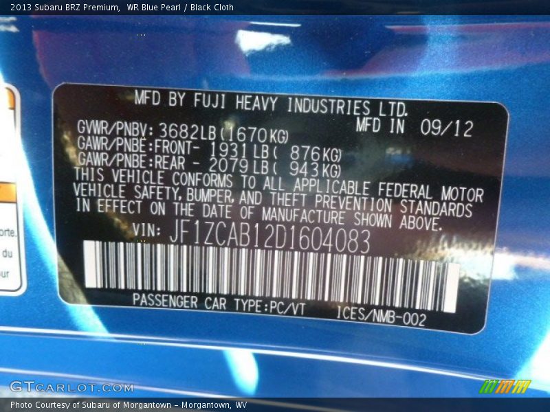 Info Tag of 2013 BRZ Premium